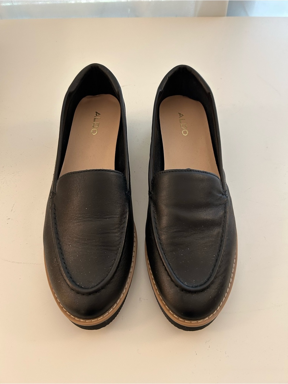 Aldo Black Leather Slip-On Loafers with Tan Trim